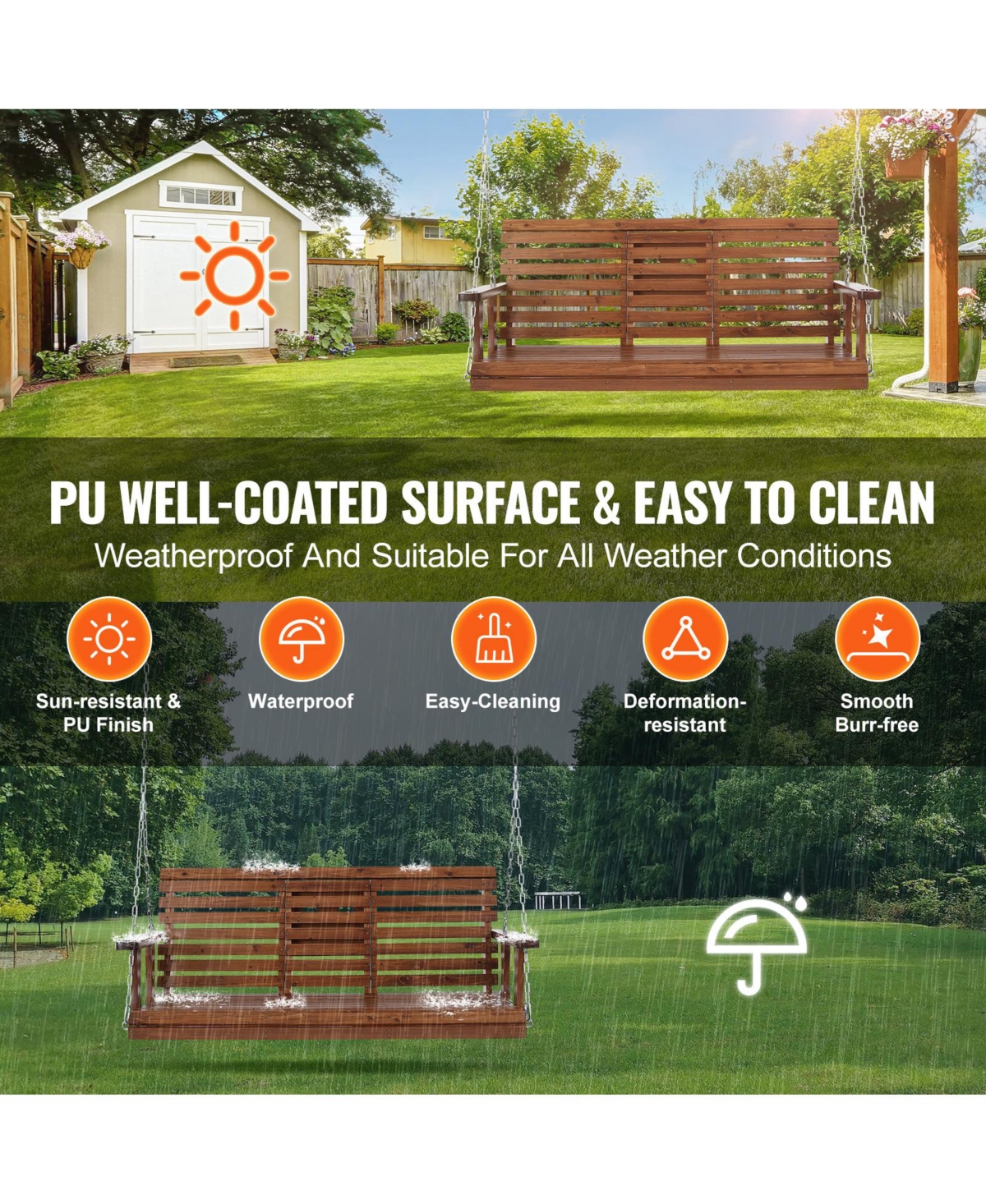 Vevor 60" Porch Swing Bench Wooden Hanging Outdoor Garden Patio Courtyard Brown