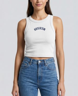 Women's White Michigan Wolverines Upside Down Embroidery Ribbed Cropped Tank Top