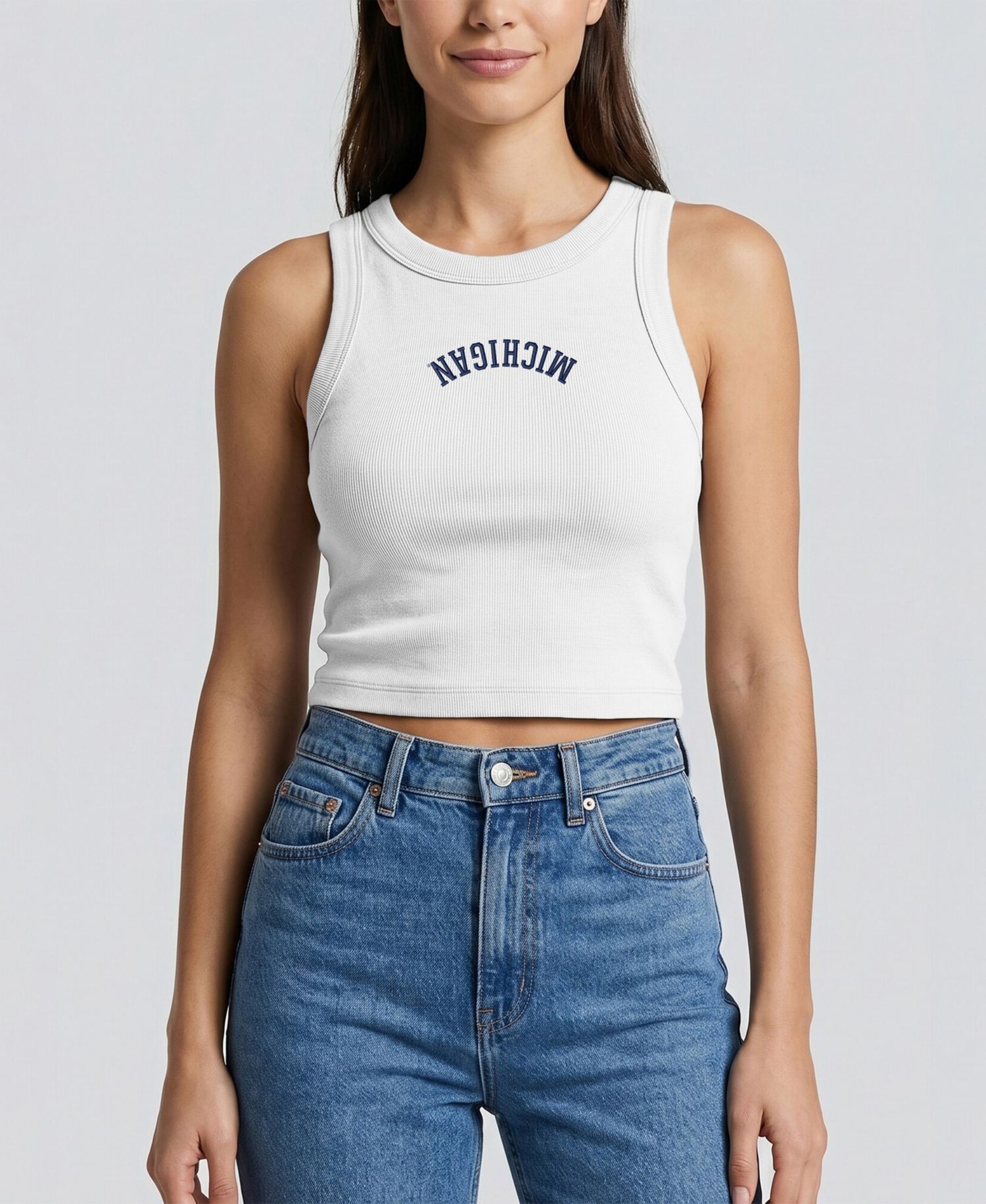 Women's White Michigan Wolverines Upside Down Embroidery Ribbed Cropped Tank Top