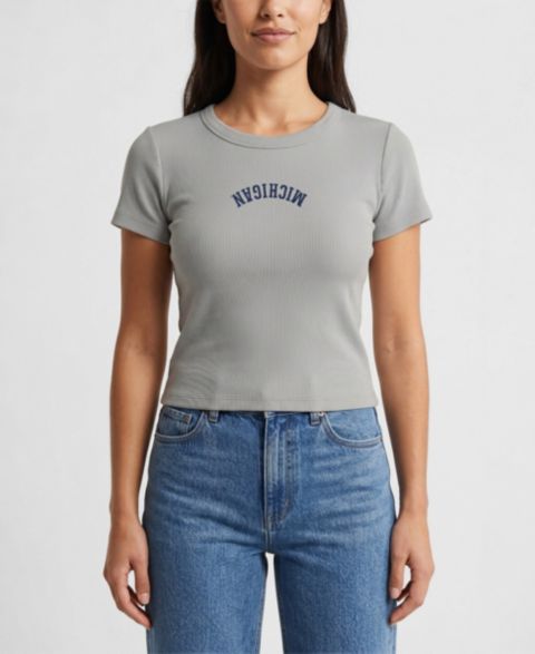Женская футболка Uscape Apparel Gray Michigan Wolverines Upside Down Embroidery Ribbed Cropped