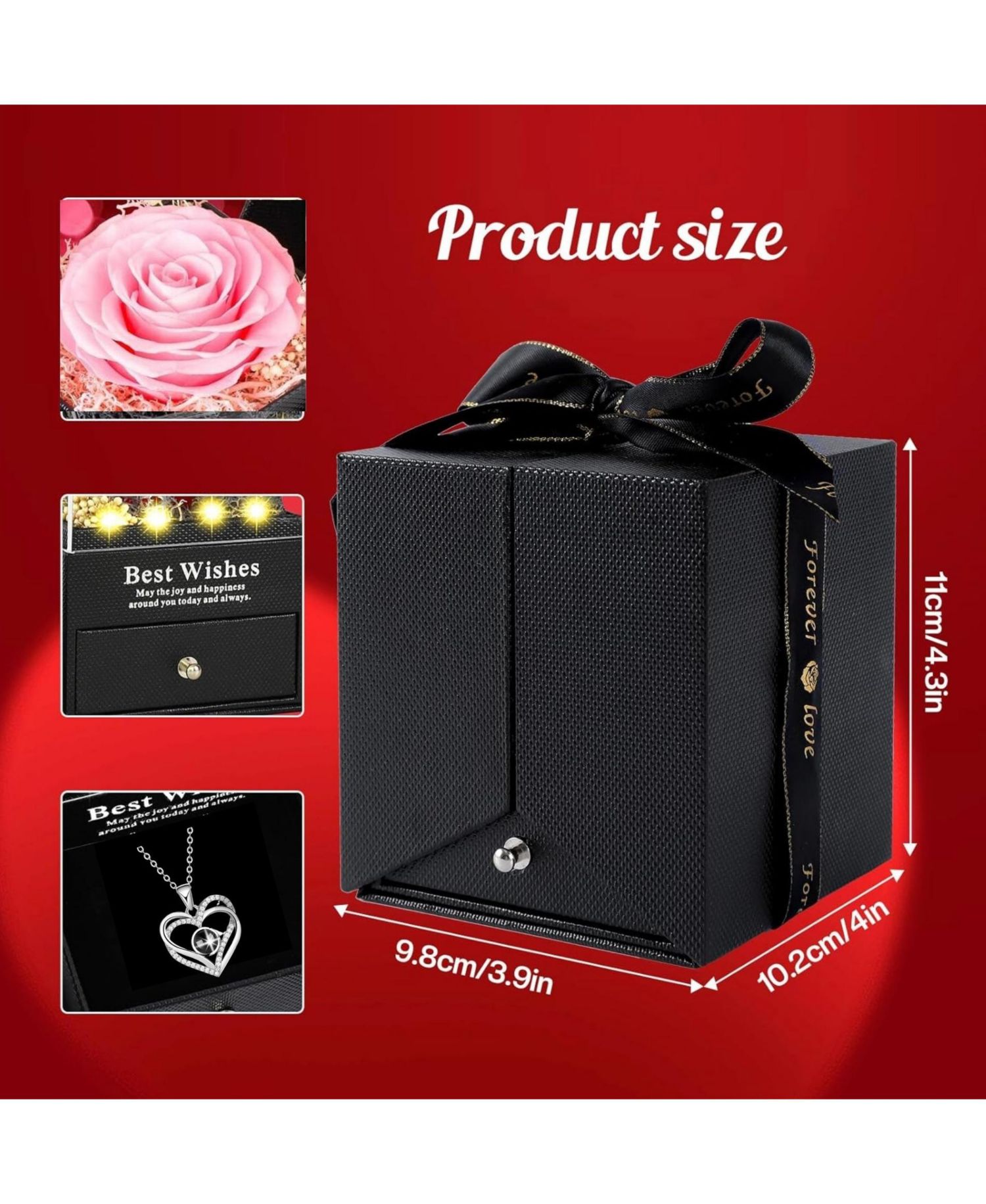Preserved Pink Rose Gift Box with LED Lights & Double Heart Projection Necklace, I Love You in 100 Languages, Forever Rose Gift