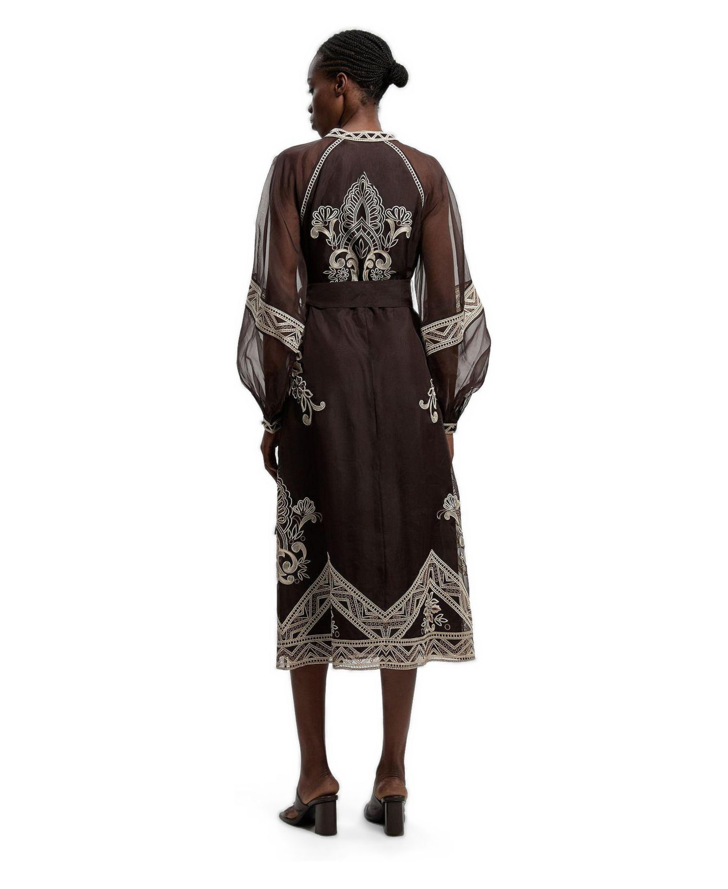 Women's Embroidered Mandarin Collar Midi Dress
