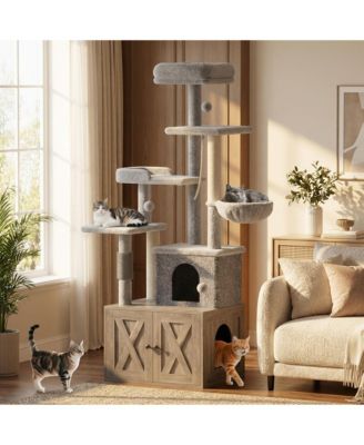 Cat Tree with Litter Box Enclosure Large, Multilevel Cat Play House with Condo, Spacious Hammock, Cozy Top Perch, Scratching Post & Balls