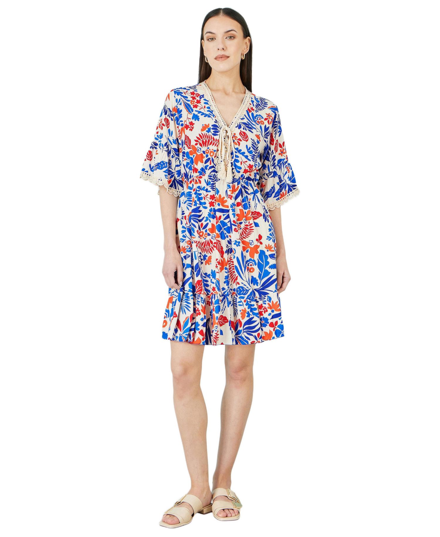 Women's Leaf Print Kimono Sleeve Tunic Dress