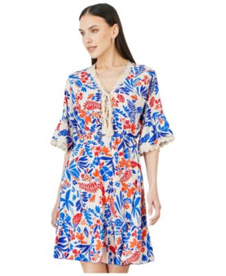 Women's Leaf Print Kimono Sleeve Tunic Dress