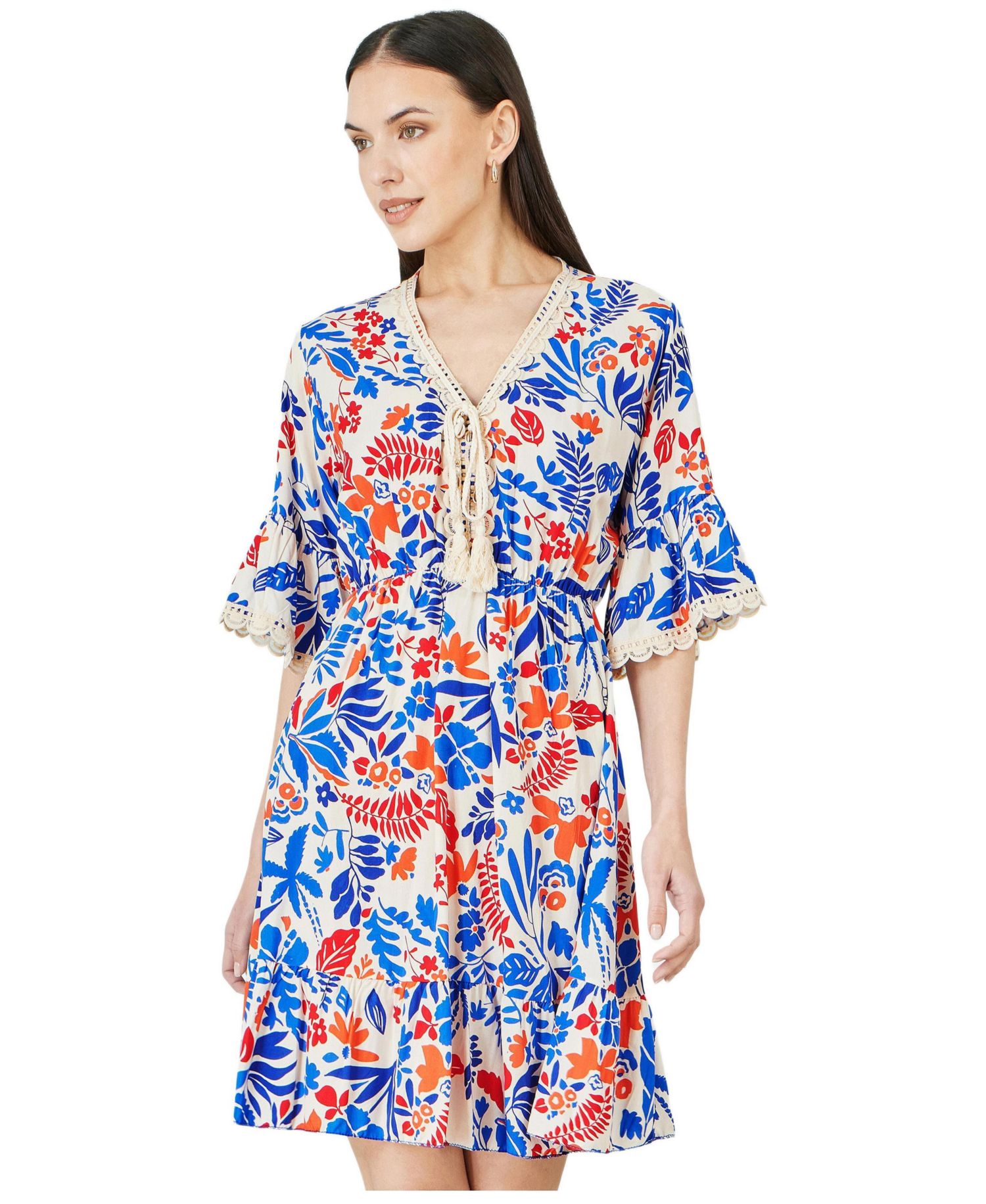 Women's Leaf Print Kimono Sleeve Tunic Dress