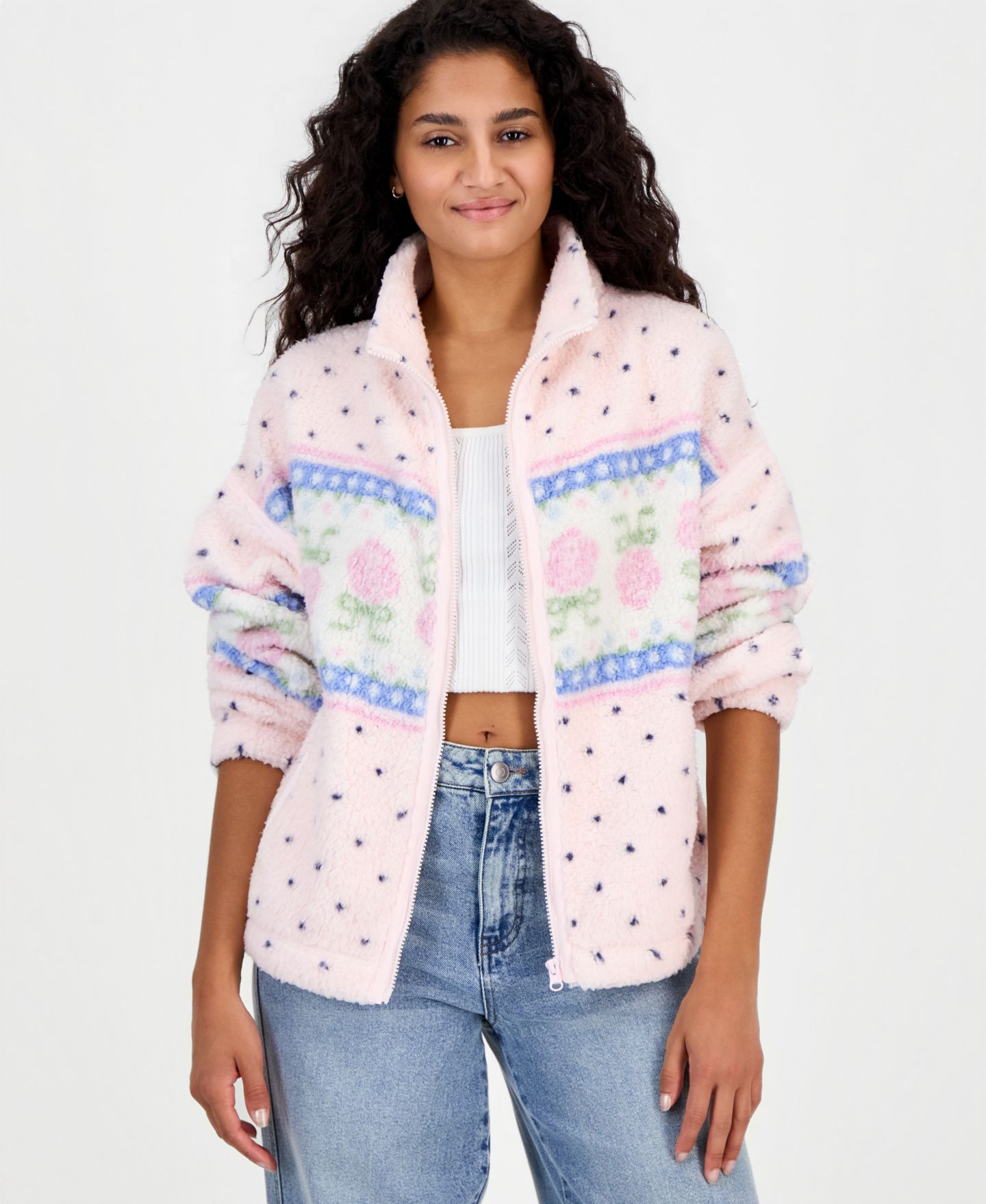 Женская куртка Hippie Rose Printed Sherpa Zip Up Fairisle, цвет: Розовый — фото 1