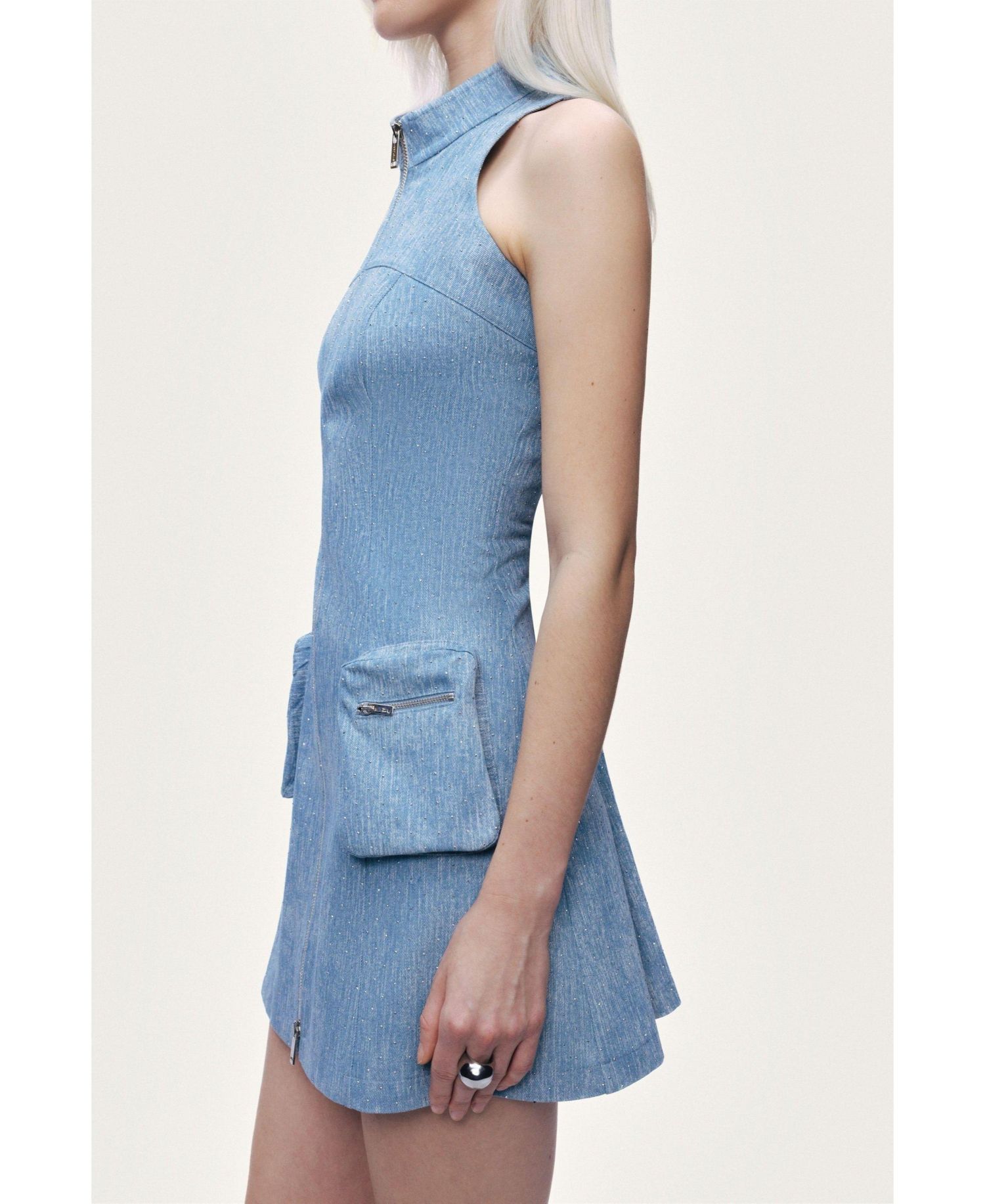Women's Pocket and Stone Detail Halter neck Mini Dress