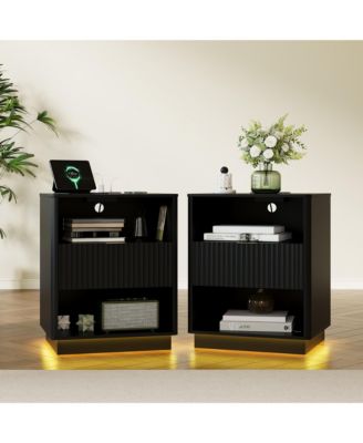 Fluted Nightstand Set of 2, Wooden Nightstand with Charging Station and LED Light, Modern Mid Century Bedside End Table with Drawer,Bedroom
