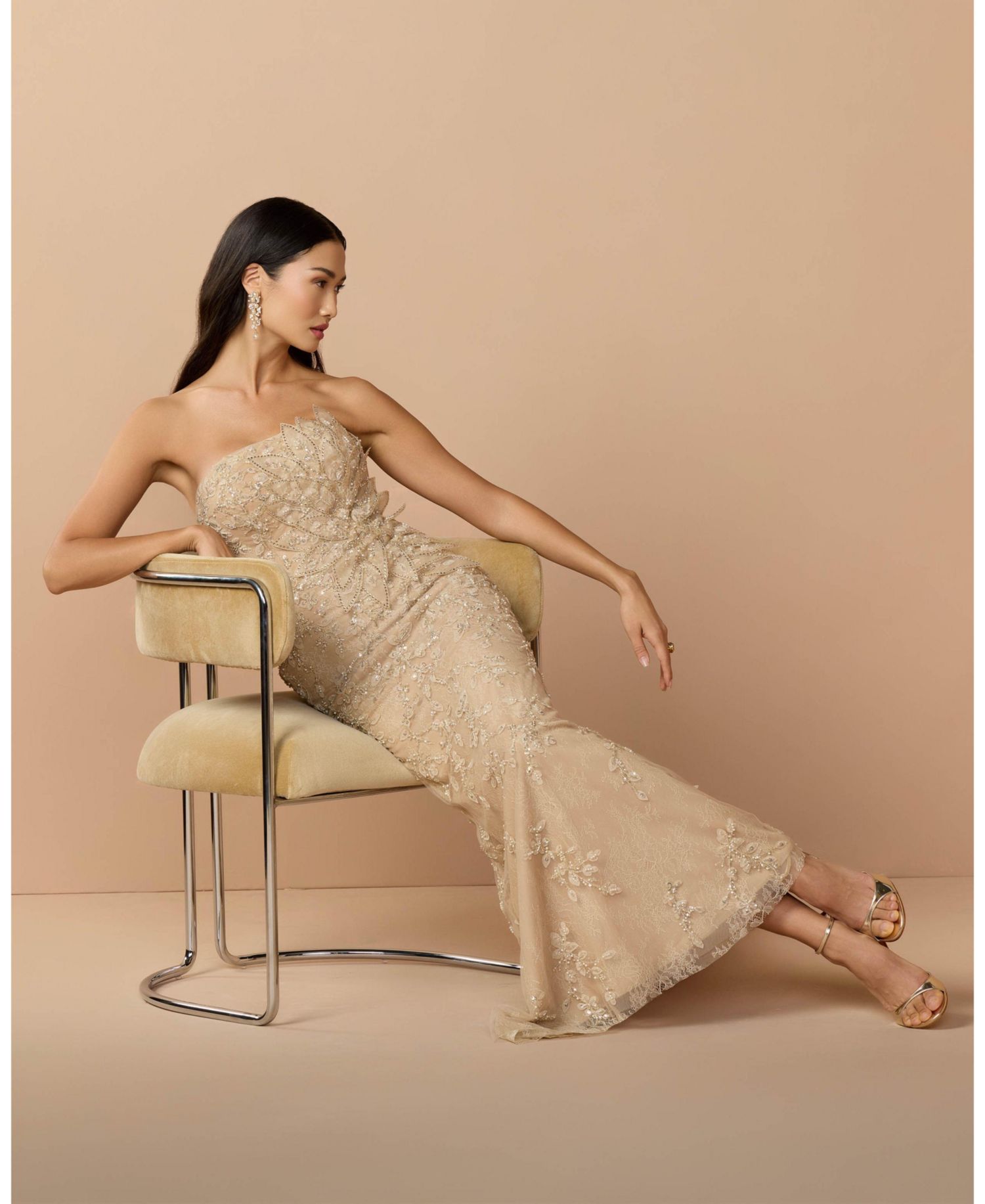 Petite Beaded Mermaid Gown with 3D Flowers