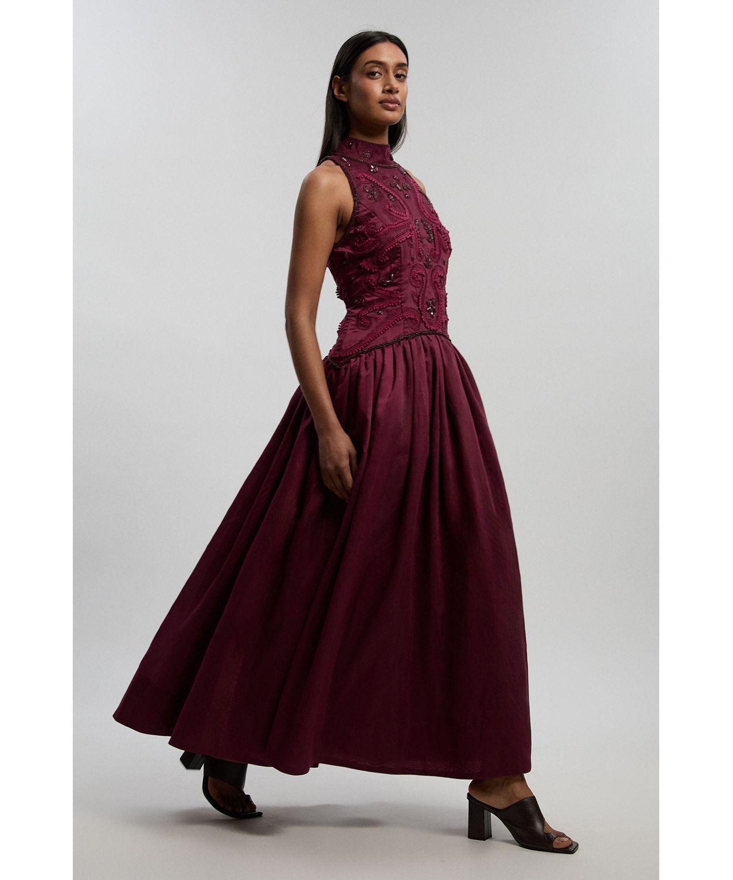 Taffeta High Neck Fit and Flare Dress