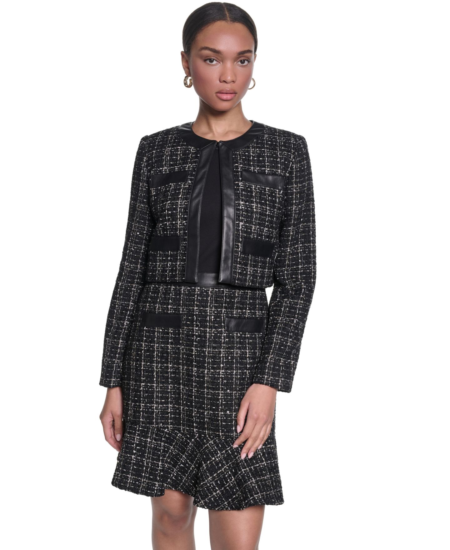 Женская куртка KARL LAGERFELD PARIS Metallic Tweed Jacket with Faux Leather Trim, цвет: Чёрный / Золотой разноцветный — фото 3