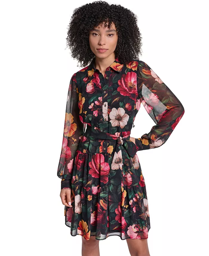 Women's Printed Grid Chiffon Shirtdress - thumbnail 2