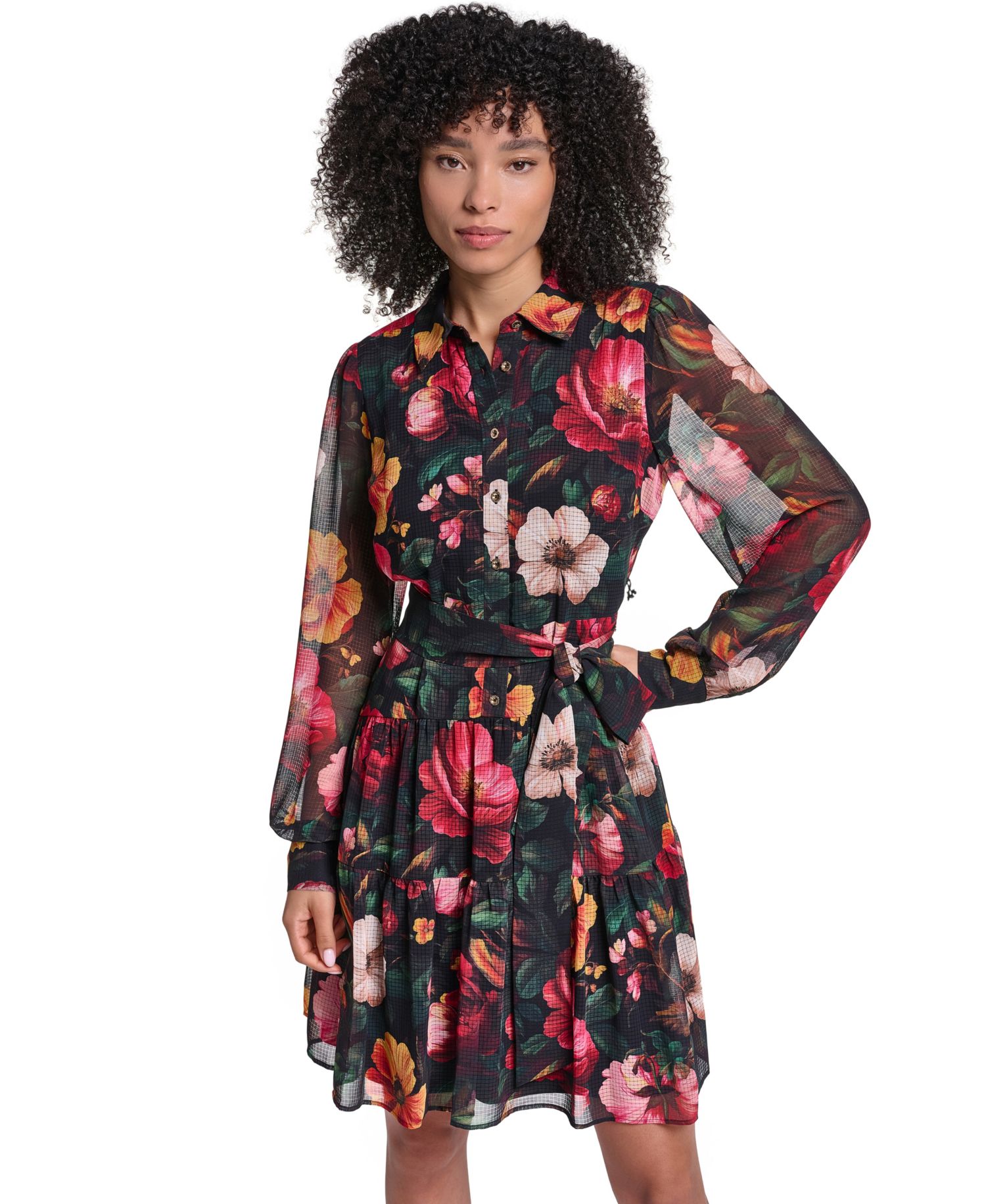 Women's Printed Grid Chiffon Shirtdress