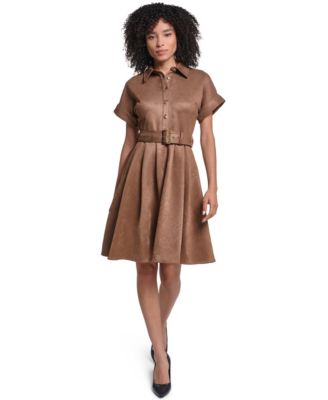Women's Faux Suede Belted Shirtdress