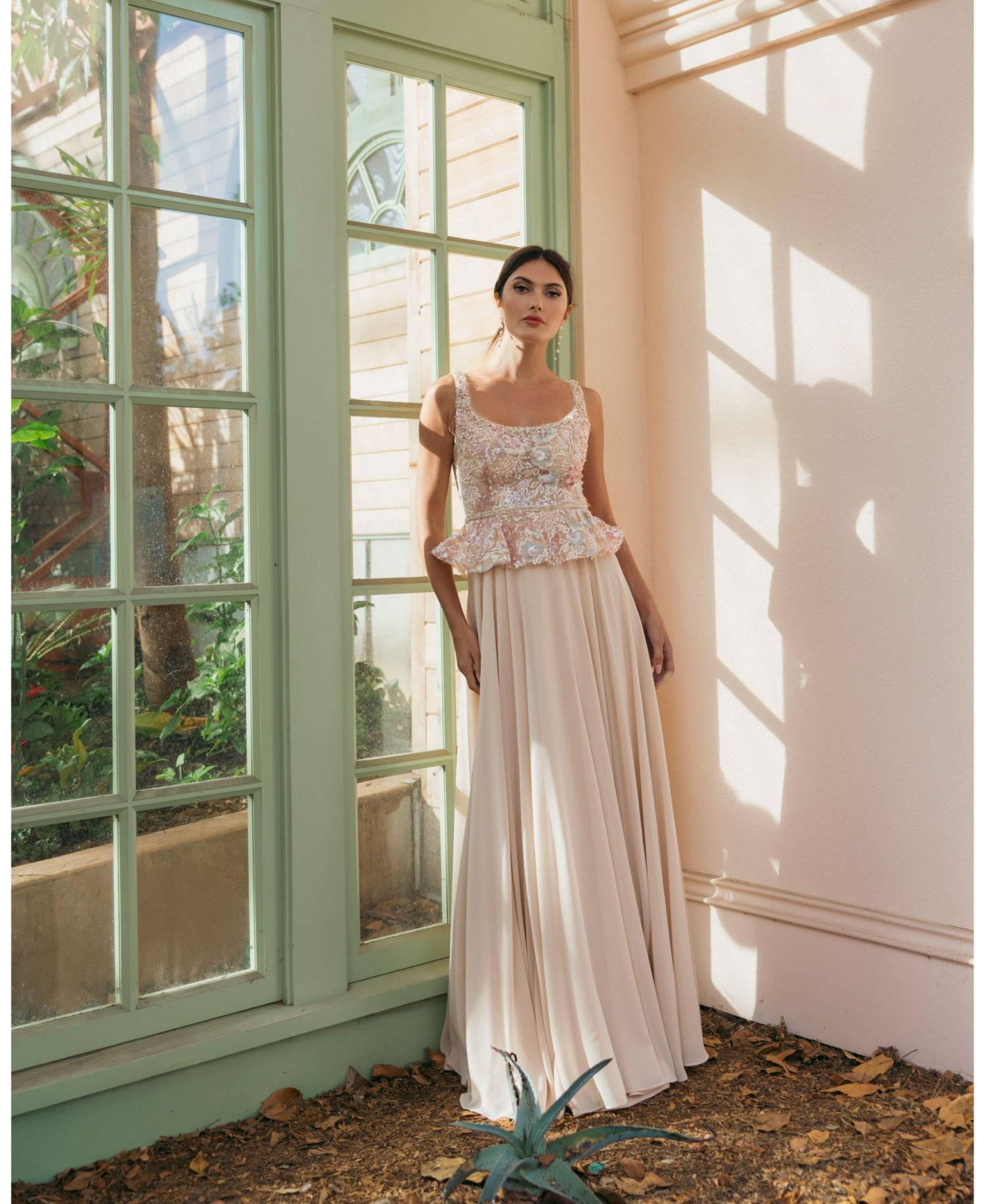 Petite Embroidered Peplum Top With Chiffon Skirt Gown