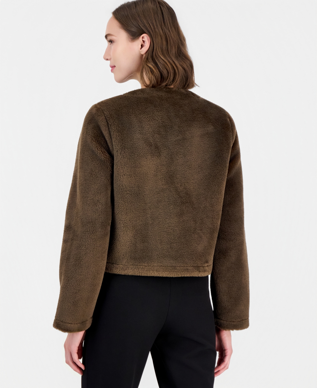 T Tahari Women's Cropped Buckled Faux Fur Coat