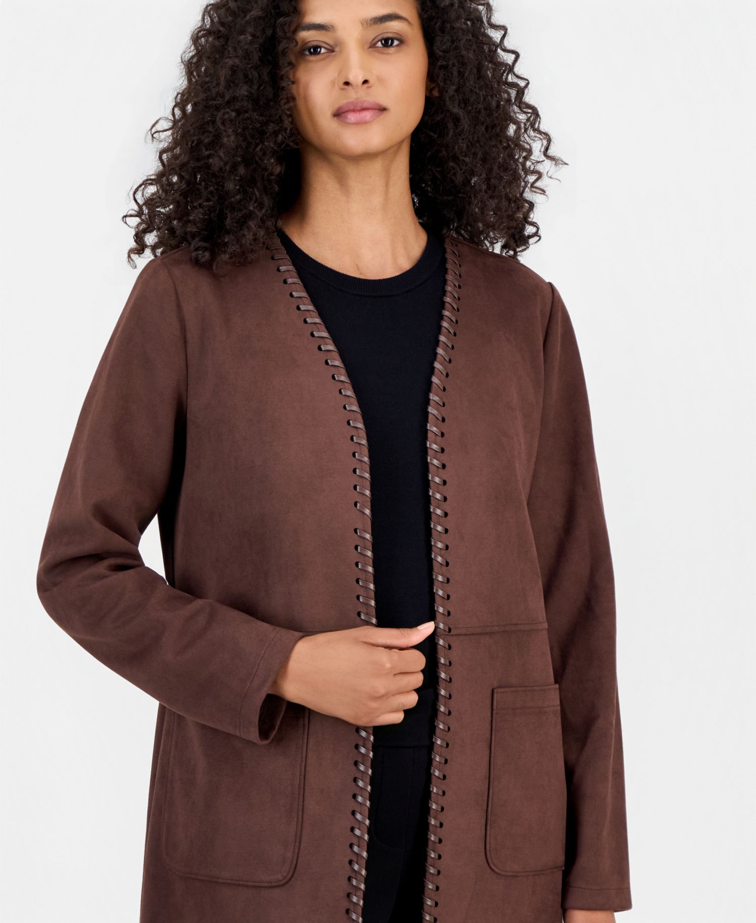 Women's Open-Front Faux-Leather Whipstitch Cardigan