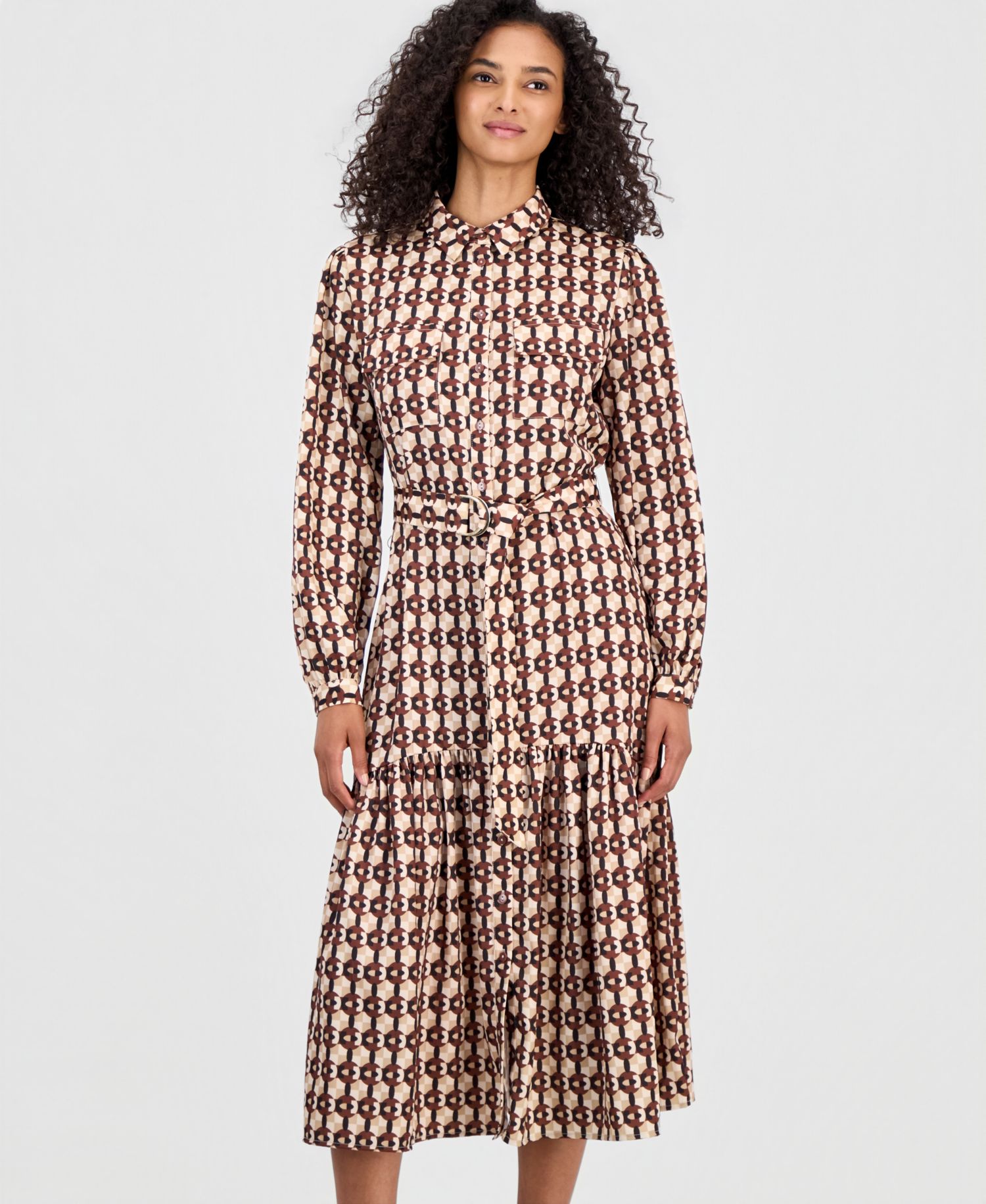 Women's Long-Sleeve Button-Down Peplum Midi Dress