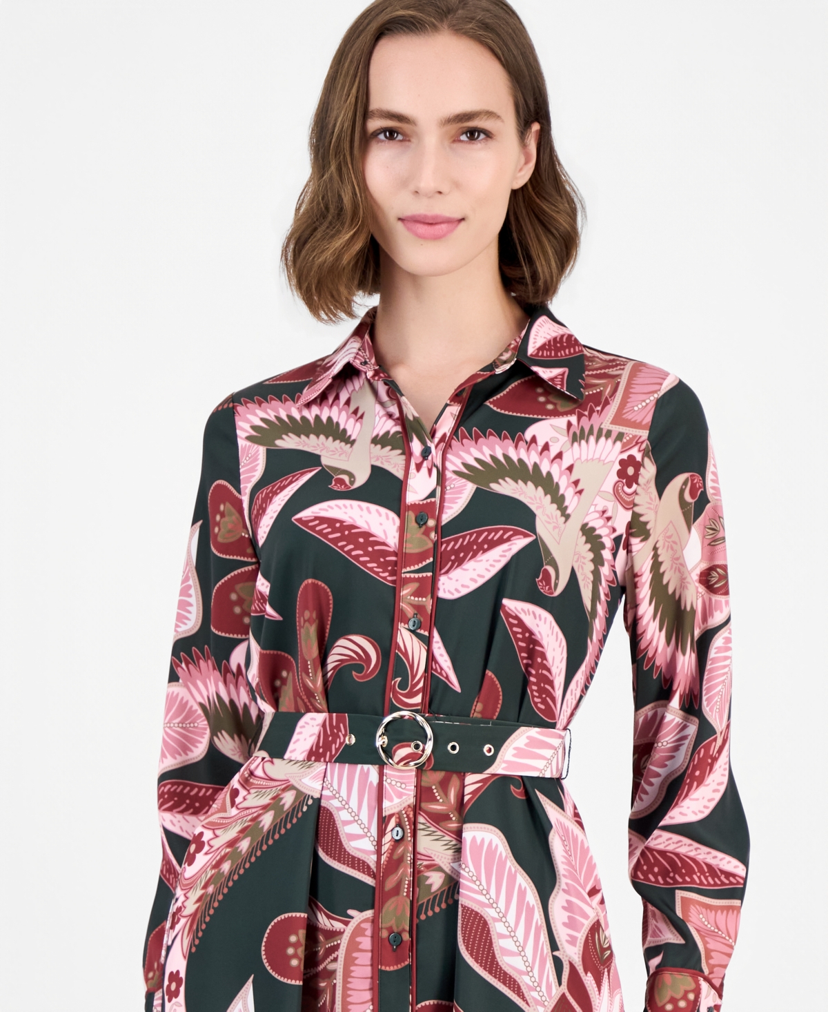 T Tahari Women's Floral Long-Sleeve Fit-and-Flare Midi Dress