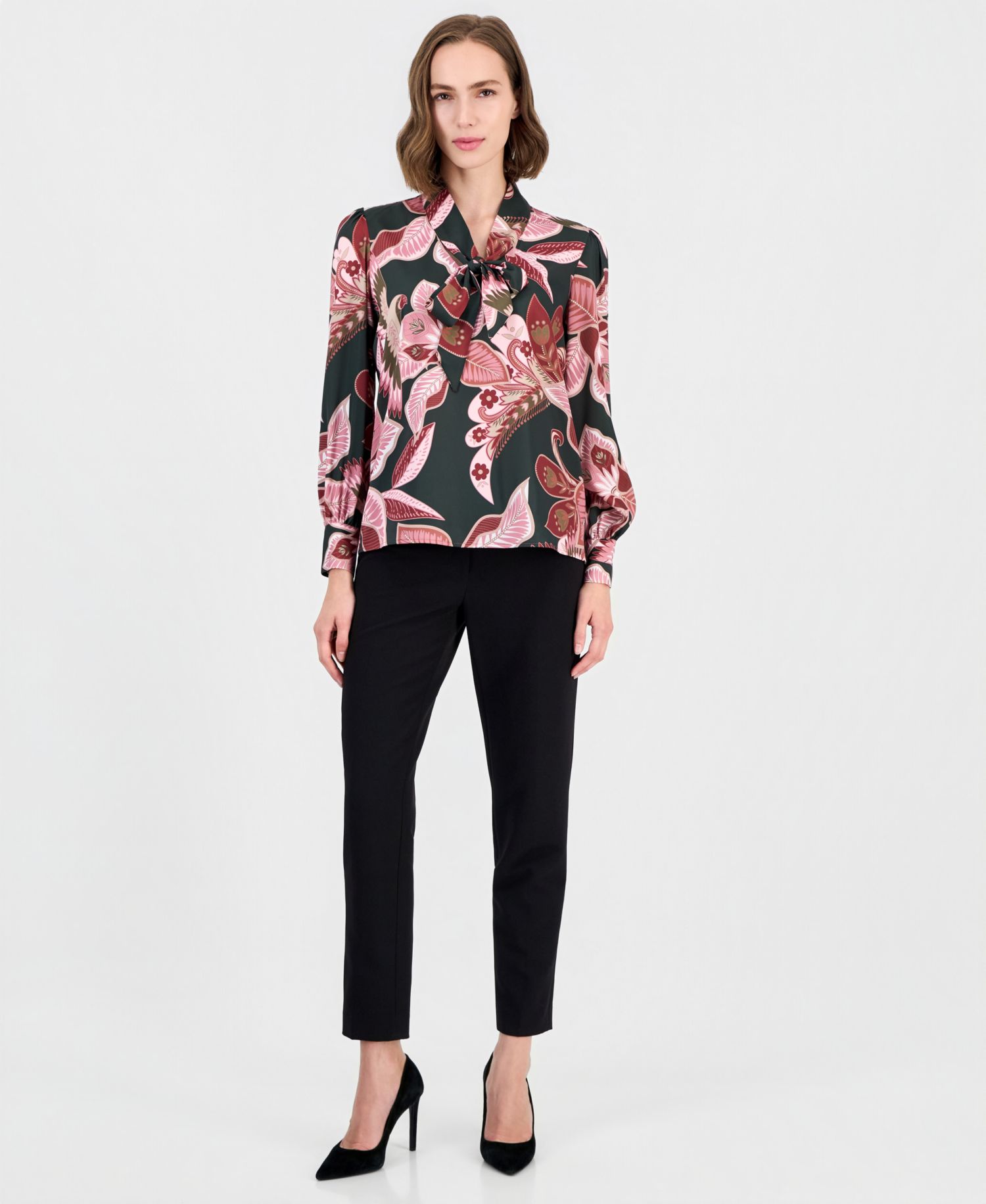 Women's Long-Sleeve V-Neck Bow Tie Floral-Print Blouse