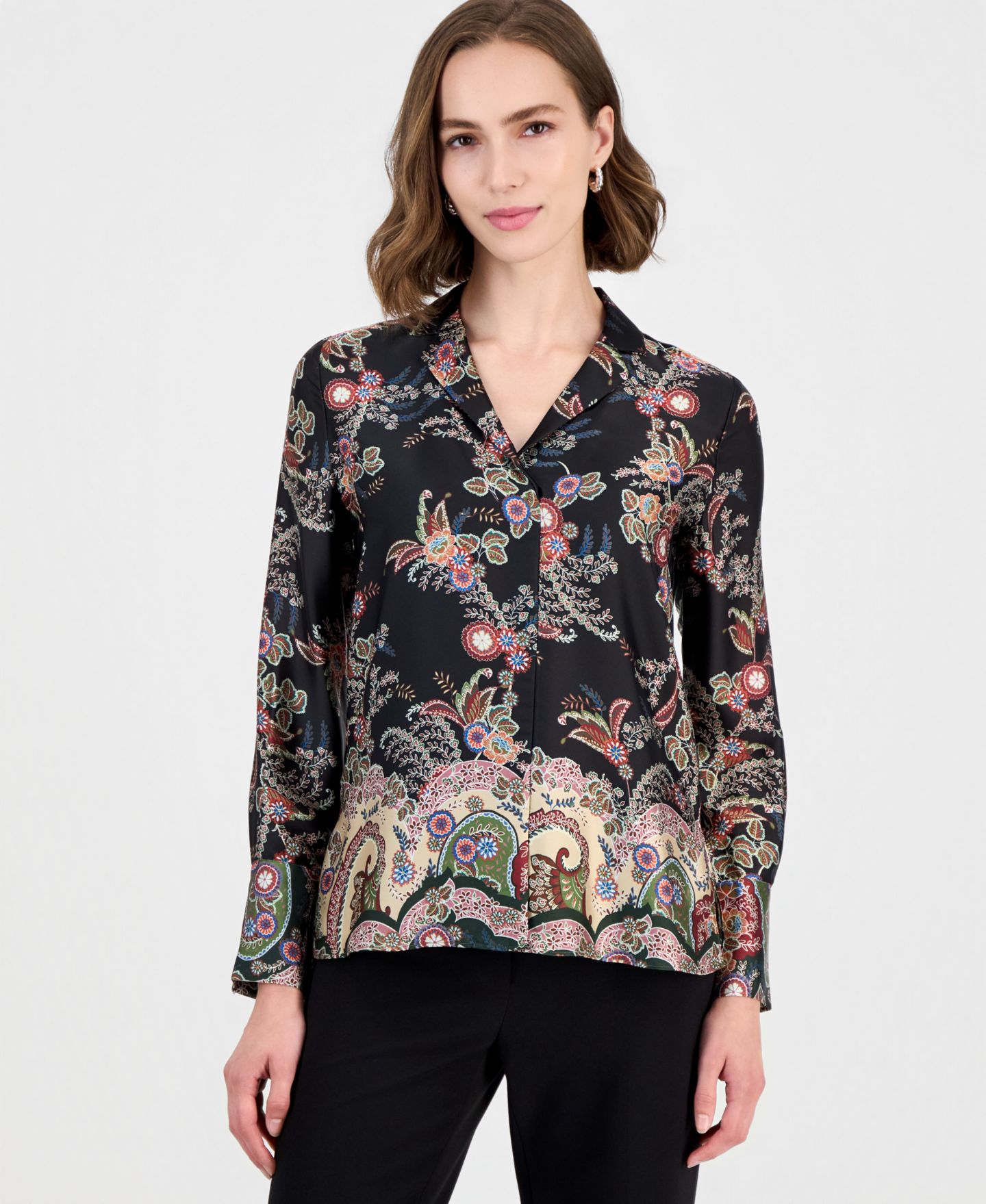 Женская блузка T Tahari Long-Sleeve Split-Collar Paisley-Print, цвет: С принтом — фото 1