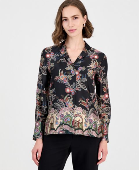 Женская блузка T Tahari Long-Sleeve Split-Collar Paisley-Print, цвет: С принтом