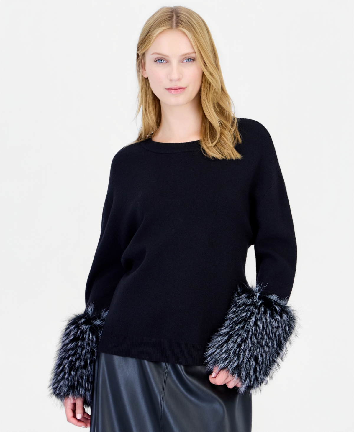 T Tahari Women's Long-Sleeve Crewneck Faux-Fur Trim Pullover Sweater - Black