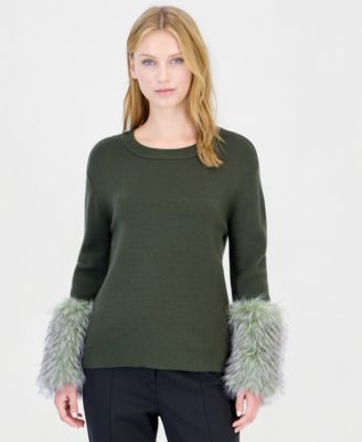 Women's Long-Sleeve Crewneck Faux-Fur Trim Pullover