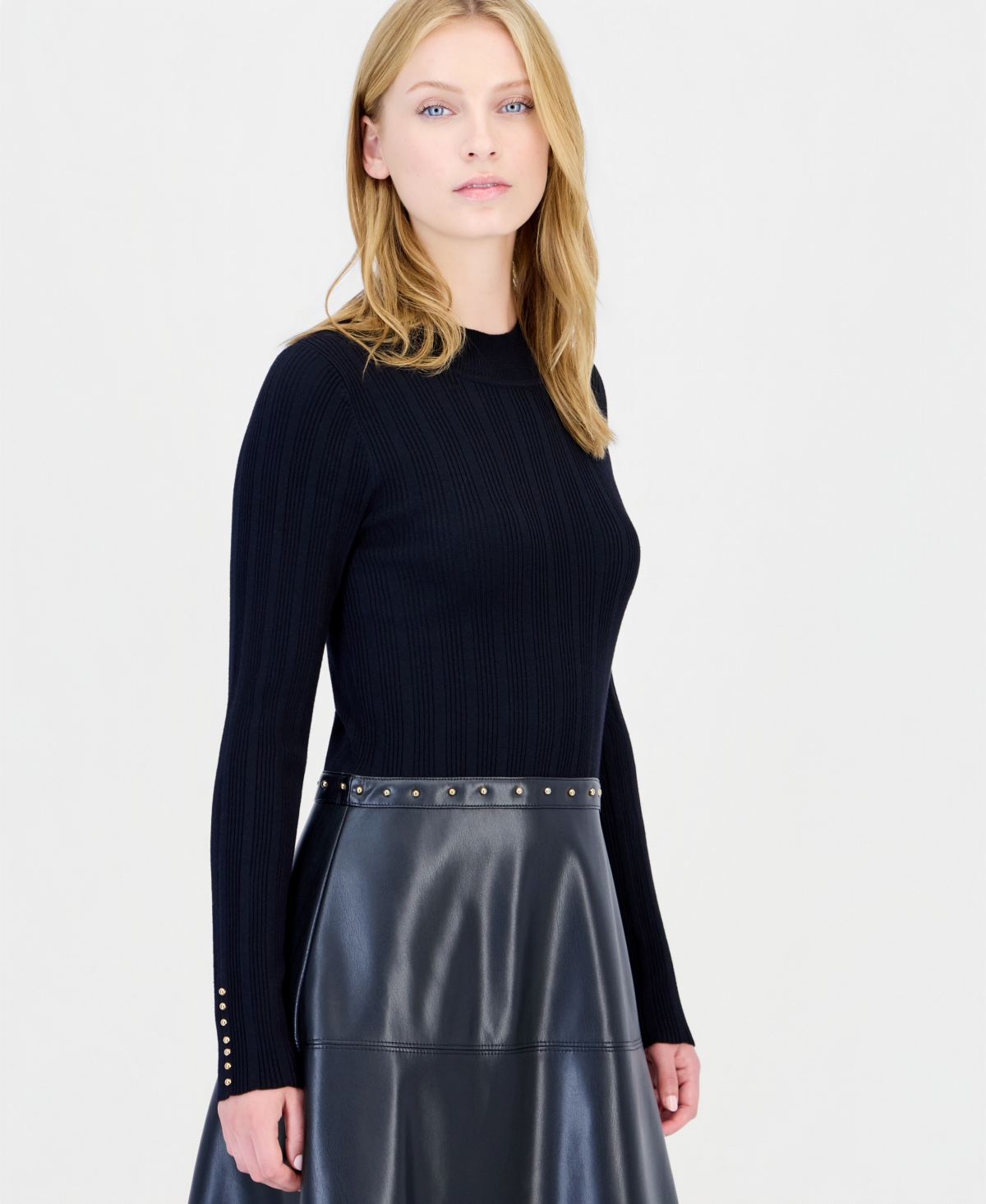 T Tahari Women's Long-Sleeve Mock Neck Midi Dress