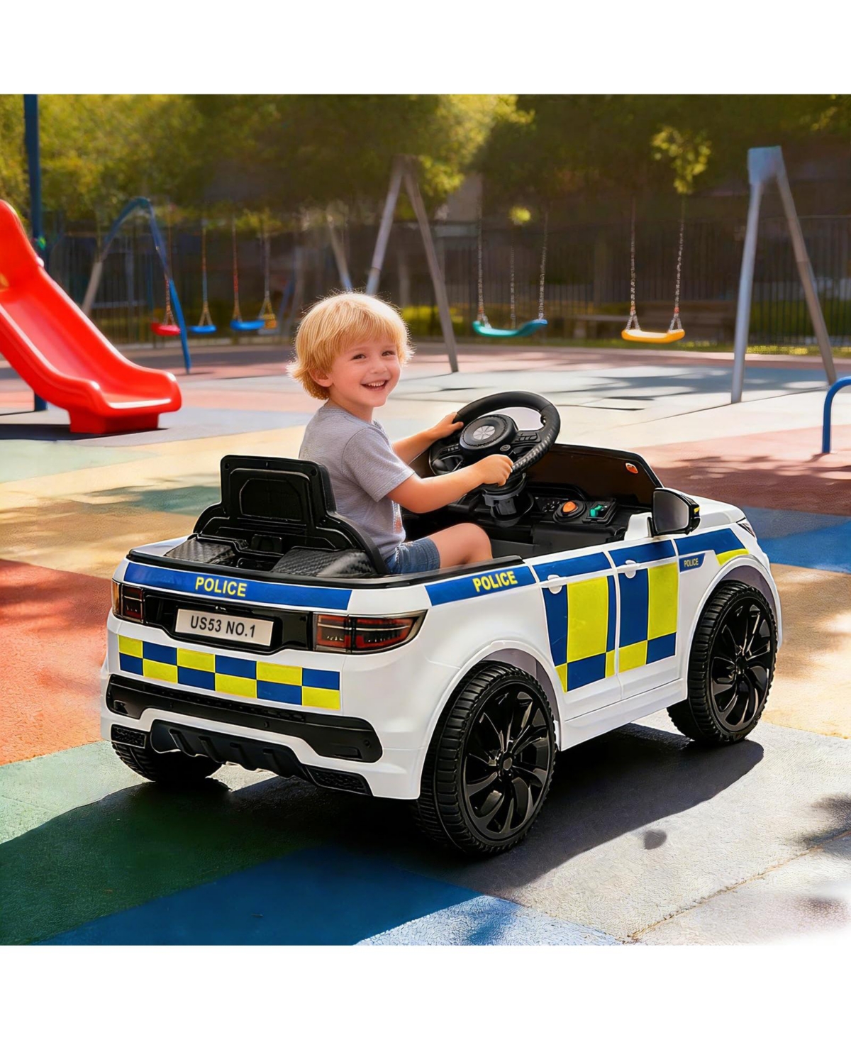 homfan 38.6 x 19.9 x 11.4 Inch Kids Police Ride On Car Electric Battery Powered Toy Vehicle 3 mph with Remote for Outdoor Play - White
