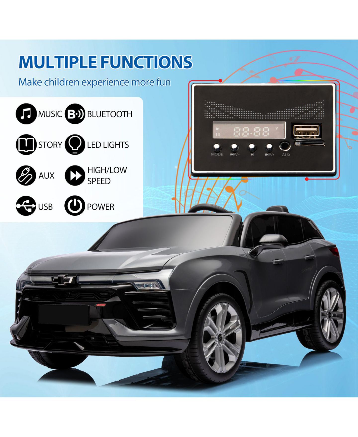 Детские игрушки homfan 24V 2-Seater Licensed Chevrolet SUV Ride-On - Parent Remote Control, Spring Suspension, LED Lights, Wireless, Safety Belt, 3 Speeds, цвет: Серый — фото 6