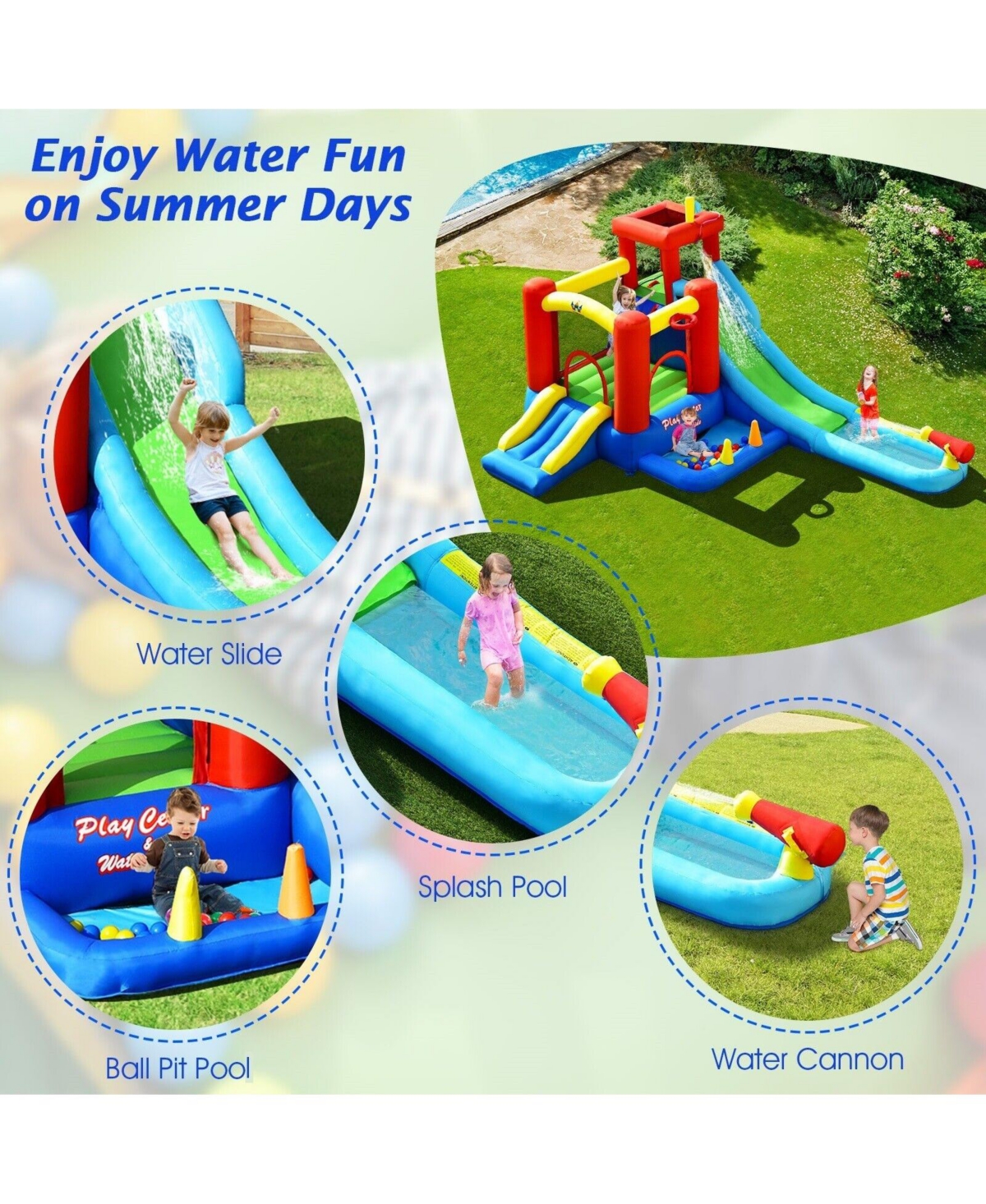 Slickblue Kids Inflatable Bounce House with Water Slide, Splash Pool and Play Area