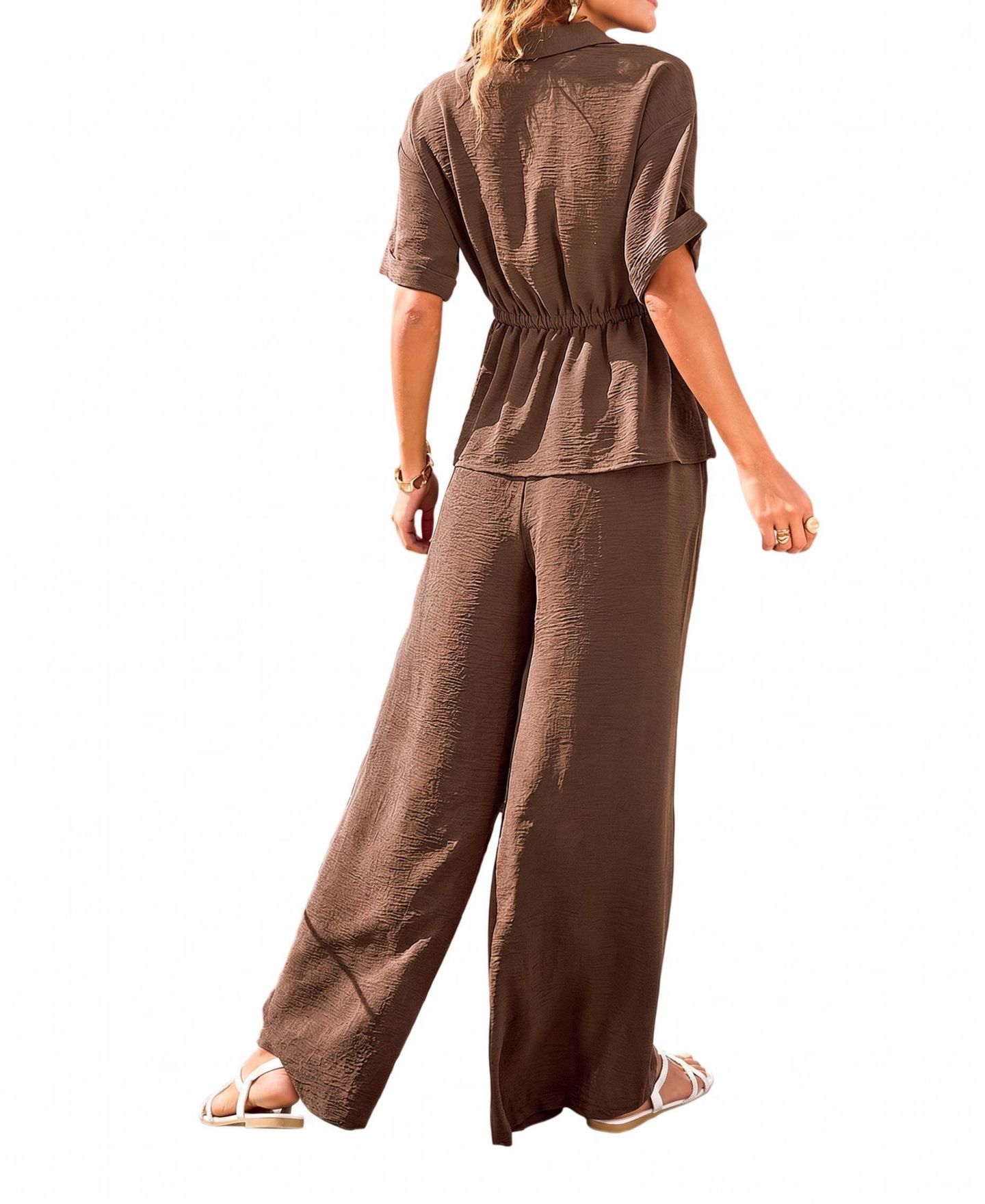 Cupshe Women's Drawstring Waist Button-Down Top and Wide Leg Pants Matching Set, цвет: Коричневый — фото 3