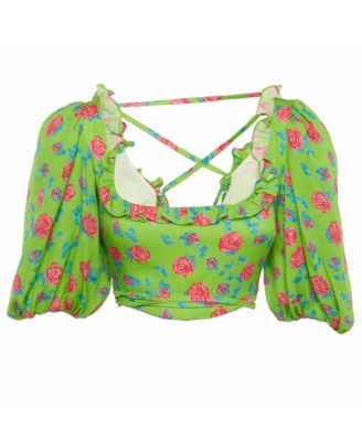 Women's Rose Print Silk Crepe Cropped Top