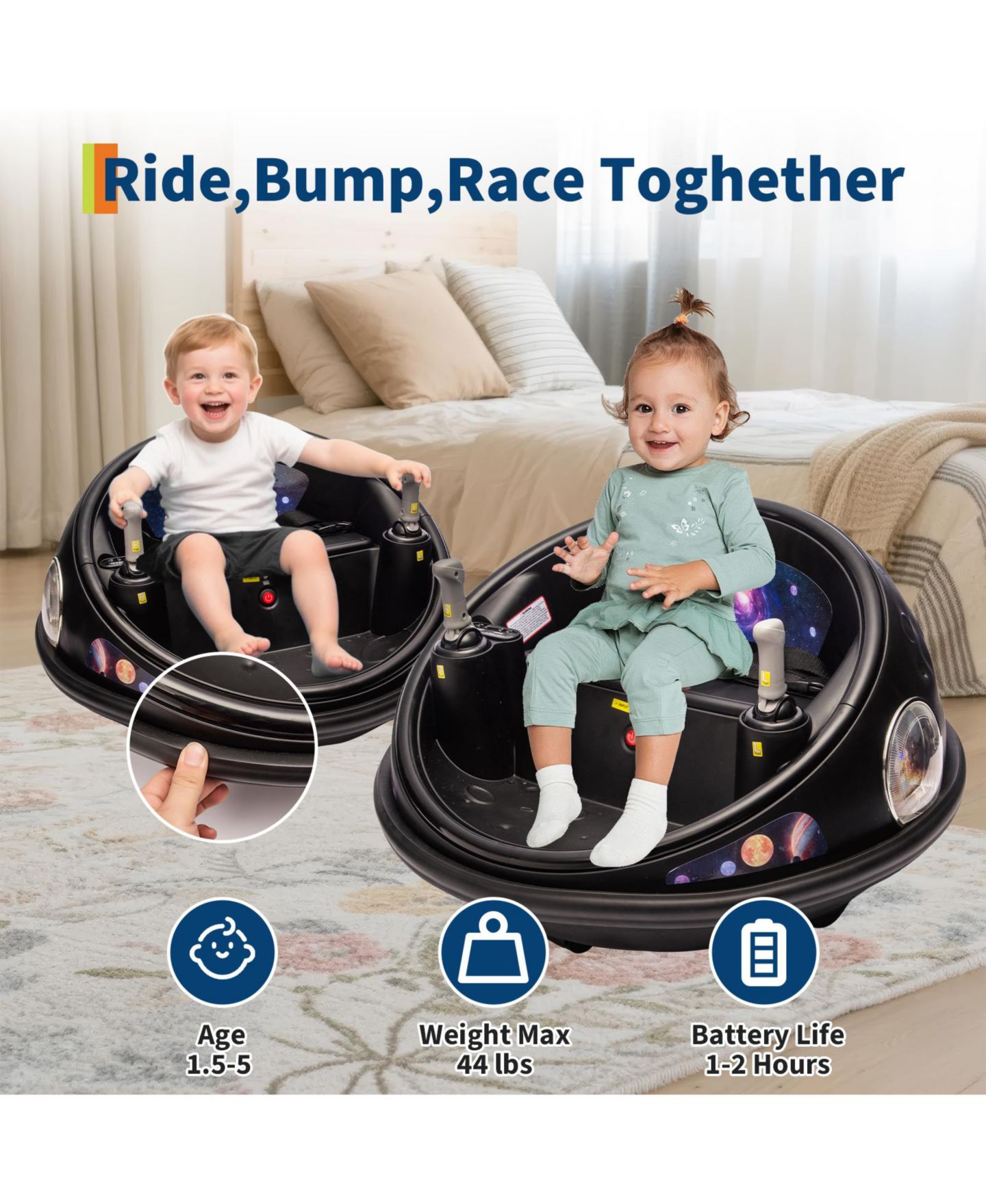 Детская игрушка homfan 26.4" x 26.4" x 15.7" 12V Battery-Powered Remote Control Electric Bumper Car, 1 Seat, Ages 3-6, цвет: Чёрный — фото 3