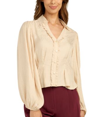 Juniors' Satin Jacquard Collared Button-Front Blouse