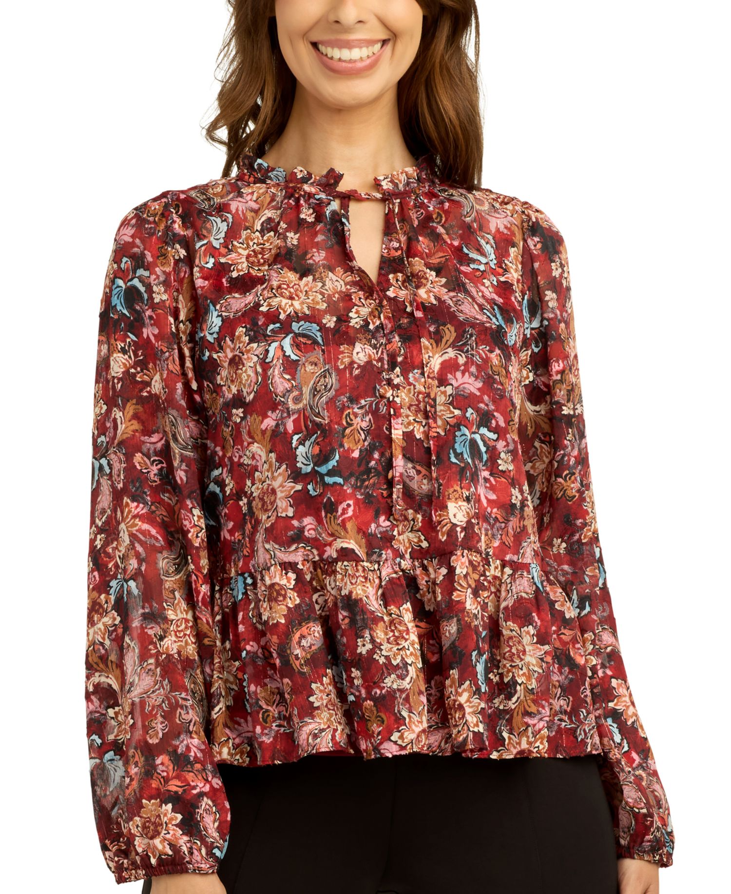 Juniors' Printed Satin Peplum Top
