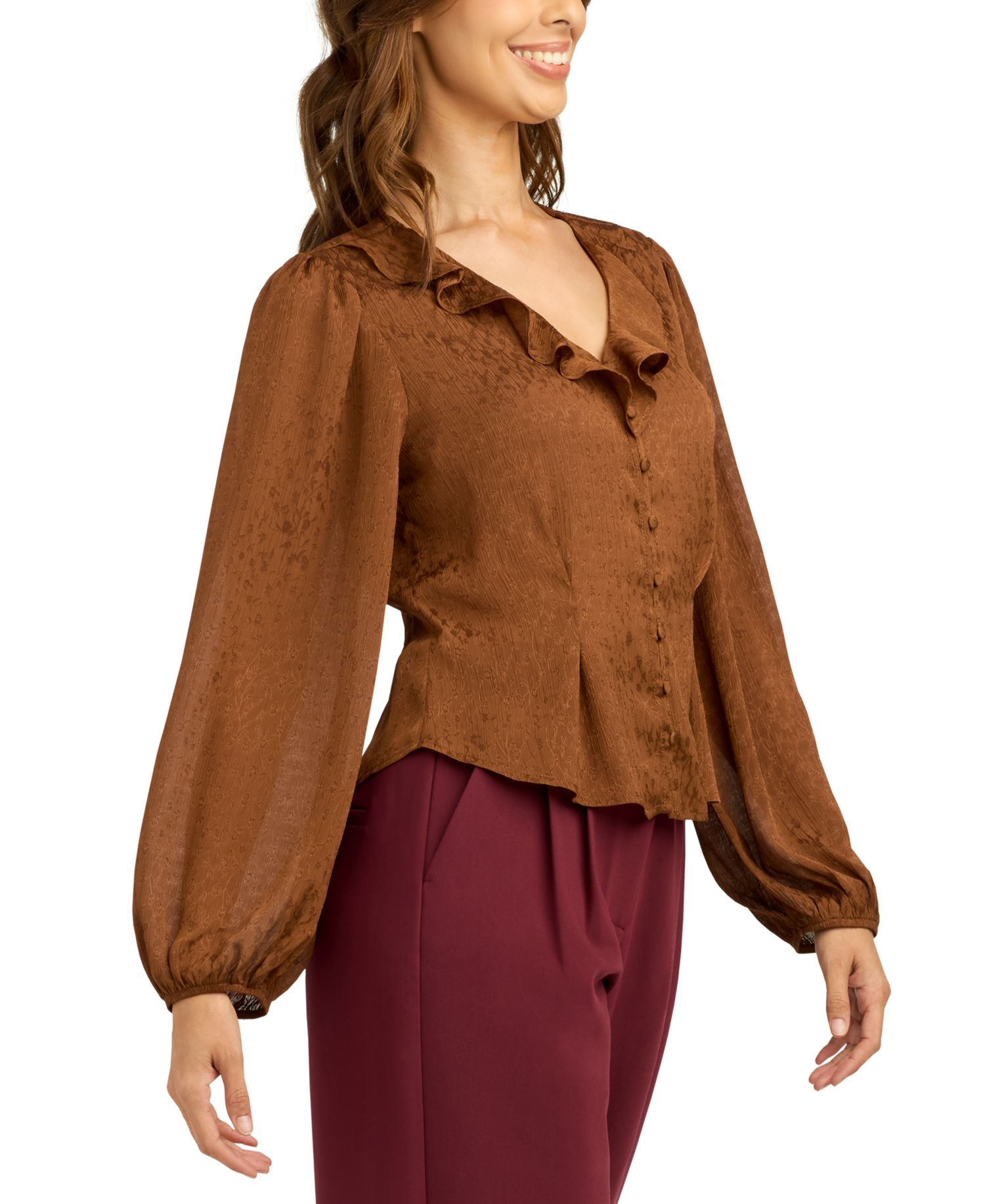 Juniors' Chiffon Jacquard V-Neck Button-Front Blouse