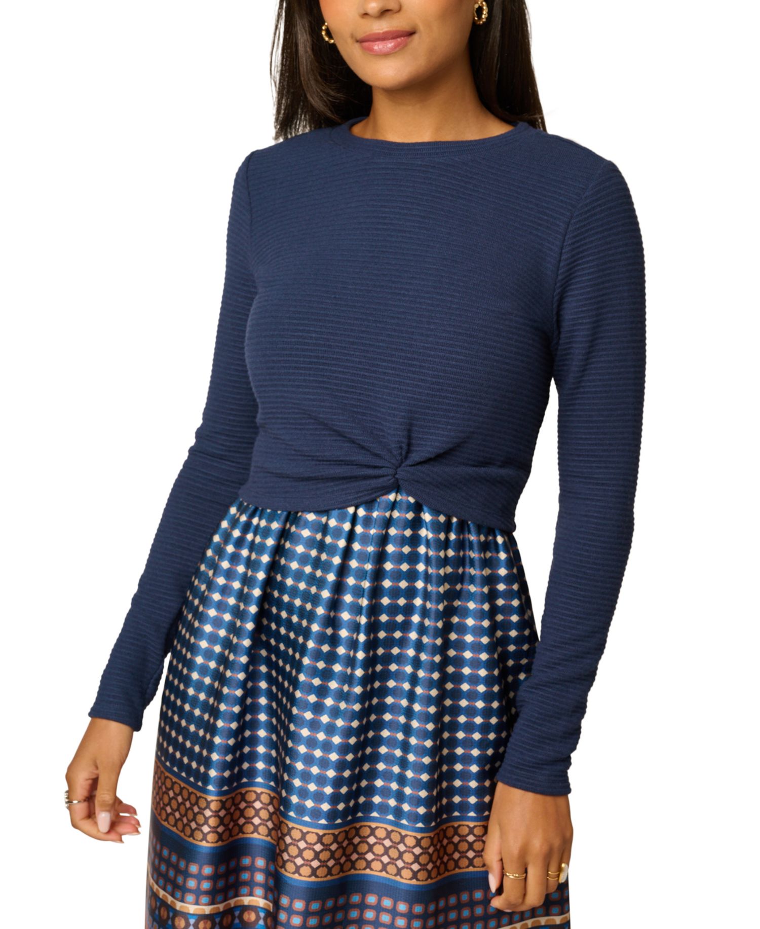 Women's Crewneck Knit Print Combo Dress