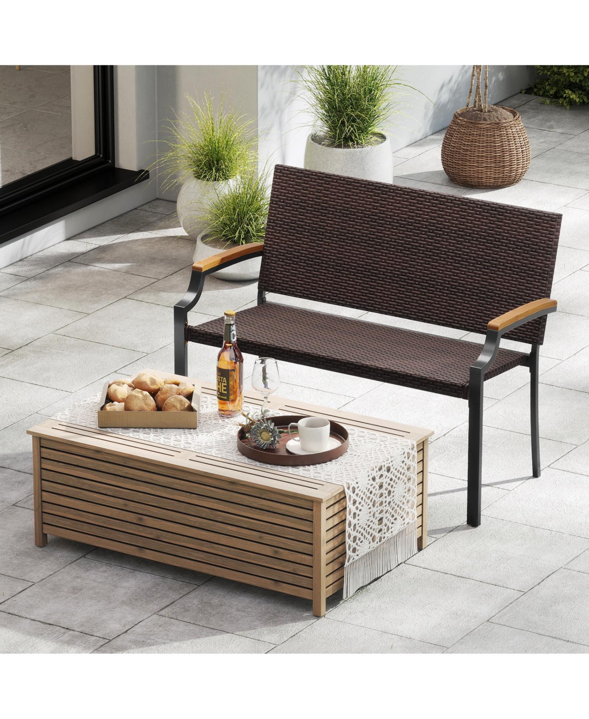 Slickblue Outdoor Two-Seater Loveseat Chair with Metal Frame and Wood Armrest Design