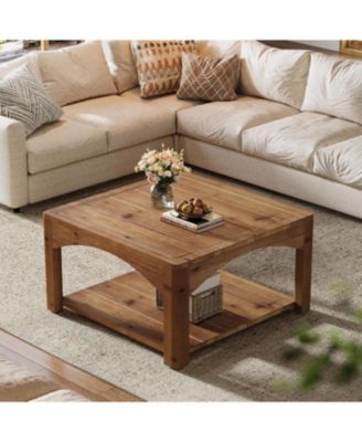 Square Coffee Table, 31.5" Solid Wood Coffee Table, 2-Tier Center Table for Living Room