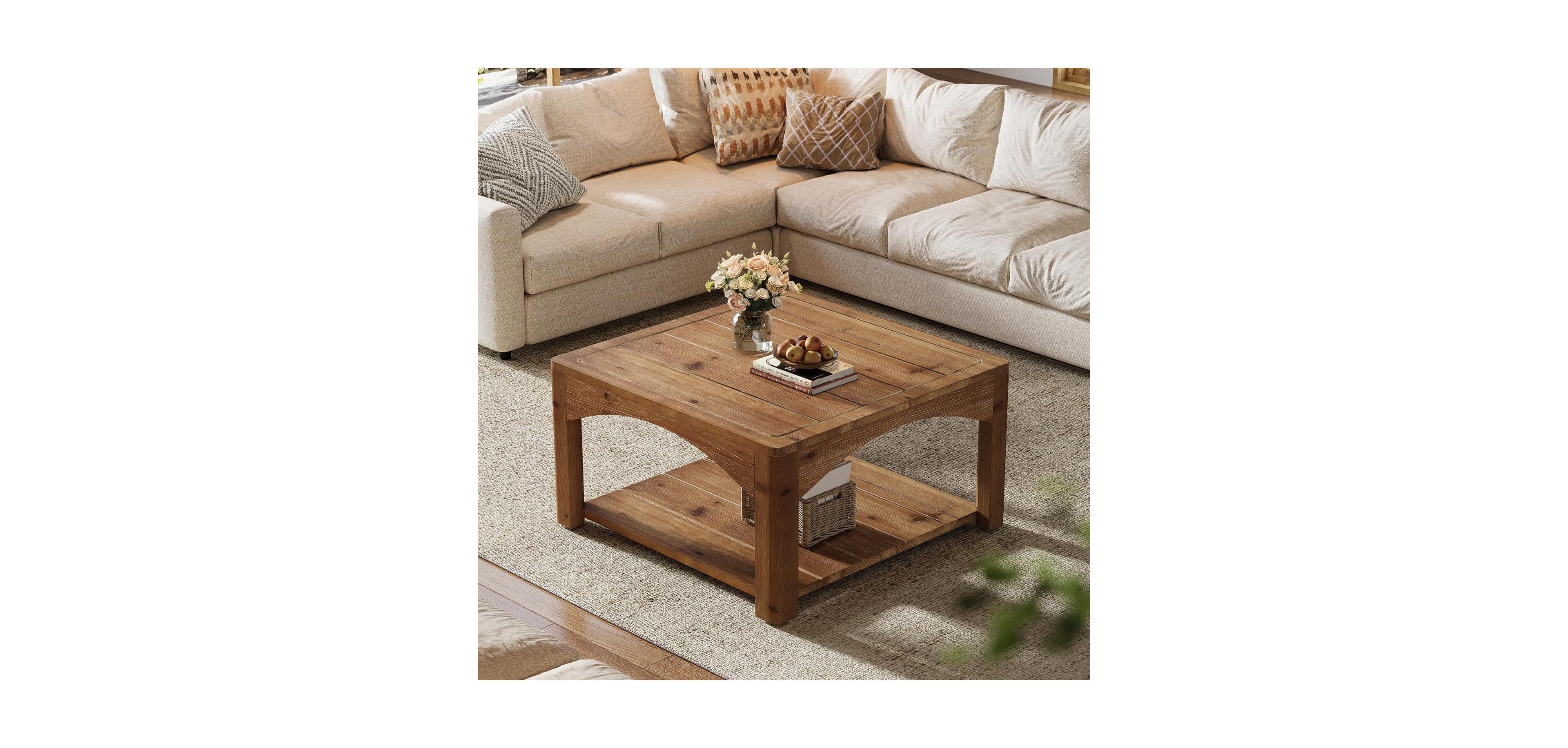 Tribesigns Square Coffee Table, 31.5" Solid Wood Coffee Table, 2-Tier Center Table for Living Room