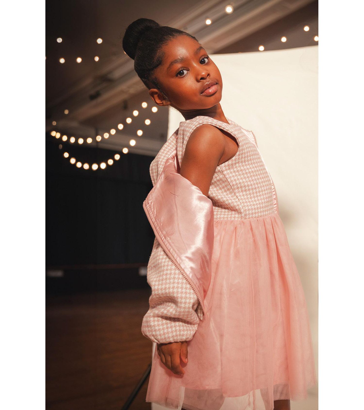 Little and Big Girl 6-14 Bi-Material Sleeveless Dress Houndstooth