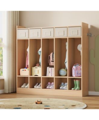 5-compartment coat locker, daycare storage cabinet fitted with 5 double hooks and 5 storage bins, ideal for home and school use