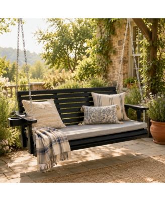 5.5 Ft Extended 3-Seater Wooden Porch Swing with Seat Cushion, Cup Holders, Hanging Chains and 7mm Springs, Heavy Duty 880 LBS 