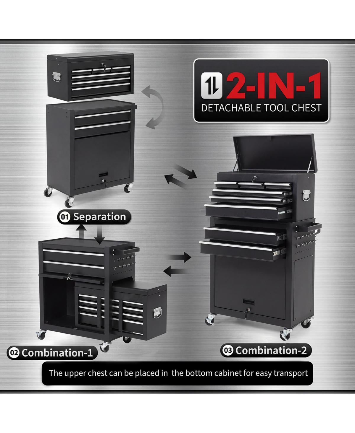 2-in-1 Tool Storage Cabinet: A lockable, -drawer metal tool cart on casters. Features a removable top toolbox, protective lining