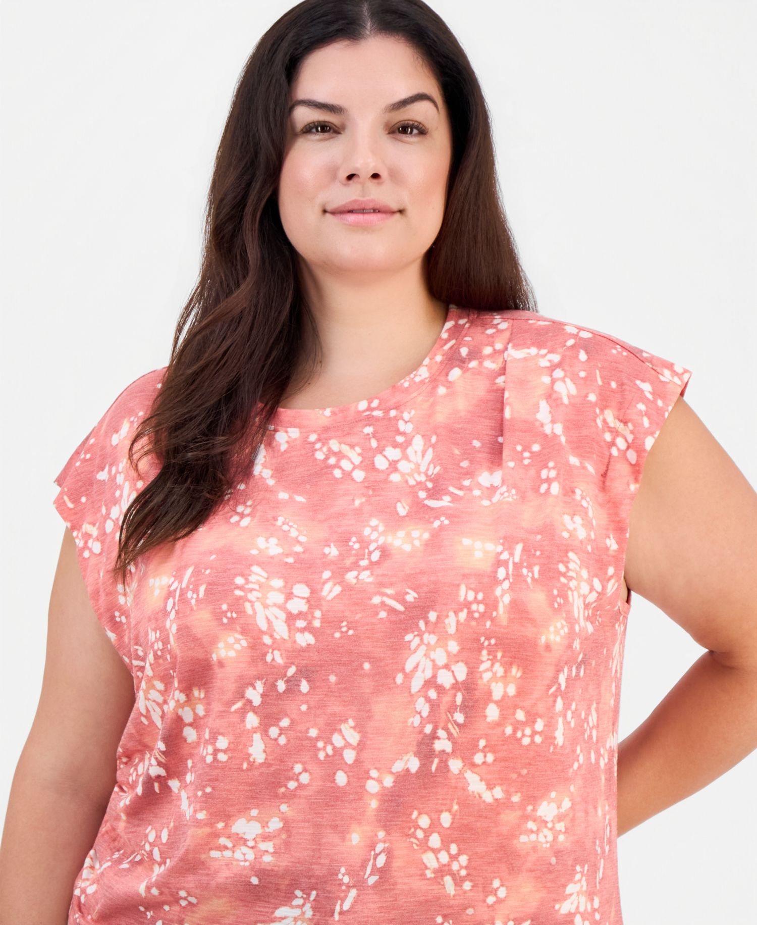 Plus Size Extended-Shoulder Printed Ruched T-Shirt