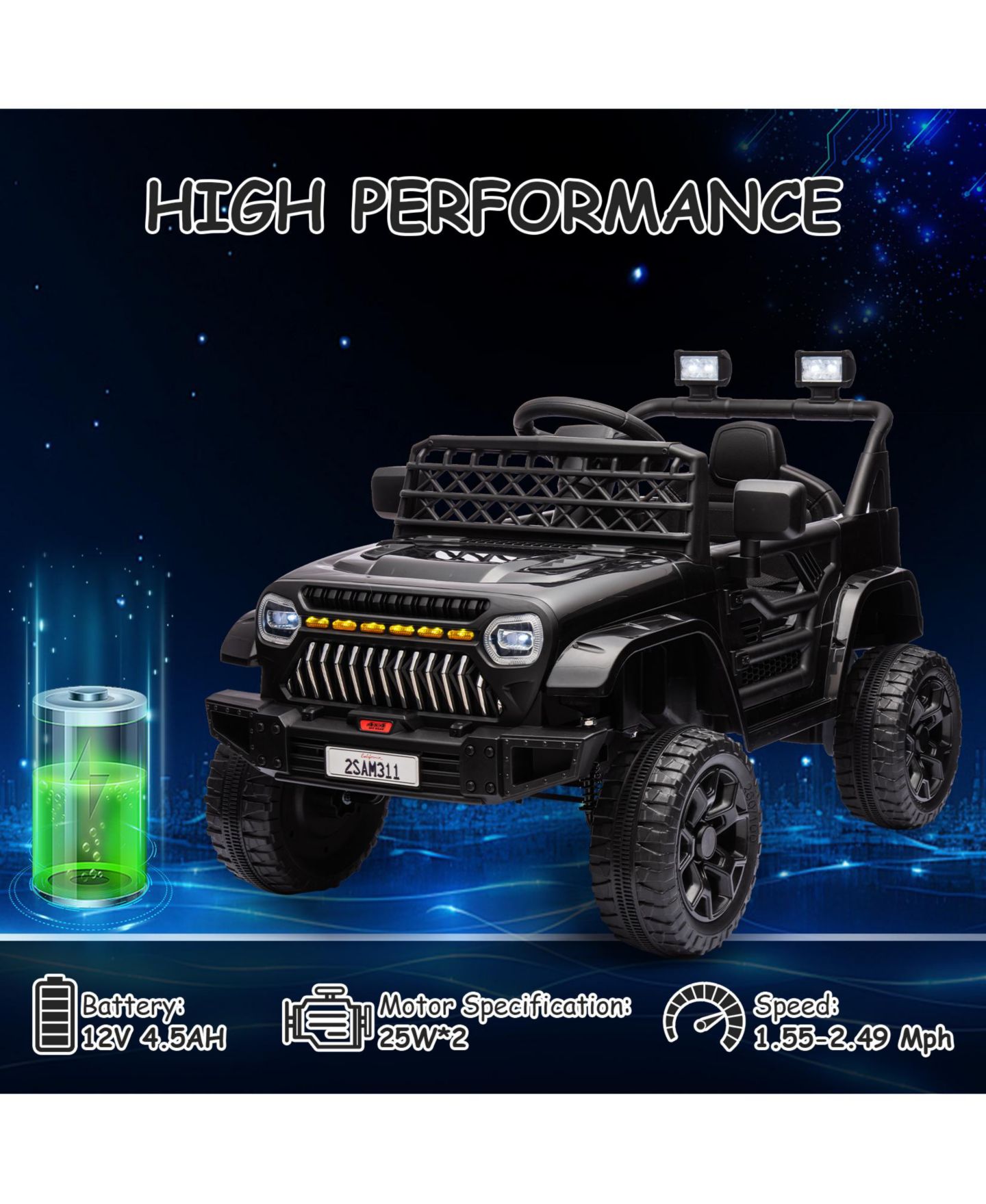 Детская игрушка homfan Ride On Truck, Battery Powered Electric Toy for Kids with 2.4G Remote Control, 4-Wheel Spring Suspension, LED Lights, Music, цвет: Чёрный — фото 5