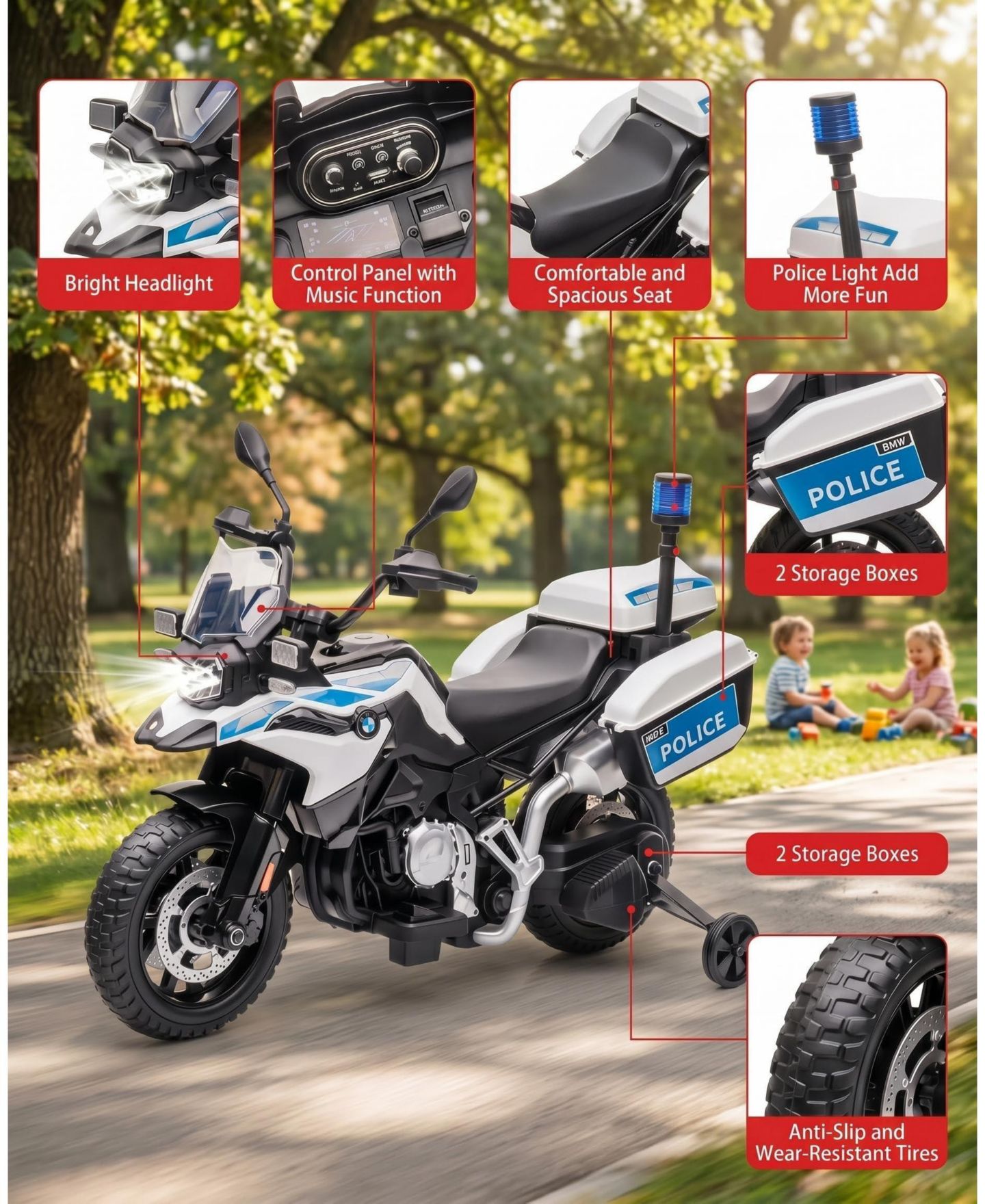Детская игрушка homfan Licensed Police Motorcycle 12V Electric Ride-On with Training Wheels, 3–8 лет — фото 5